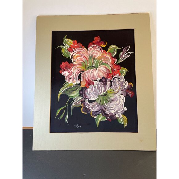 Floral Acrylic Painting On Silk With Beige Matting 14" X 18" Signed By Artist Vi - Picture 1 of 11